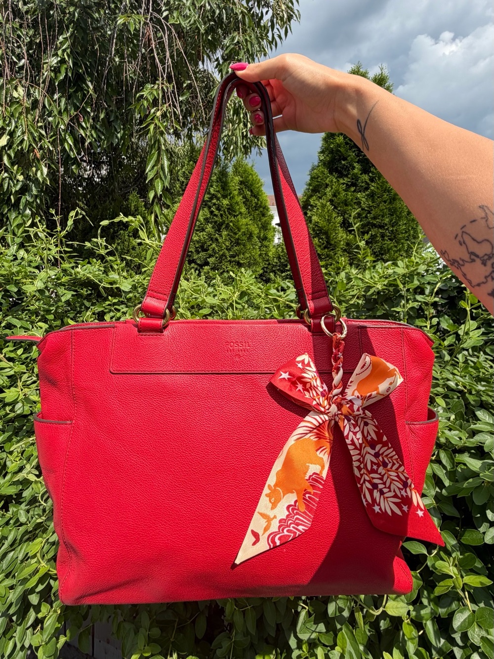 Fossil Red Leather Tote with Printed Scarf Accent